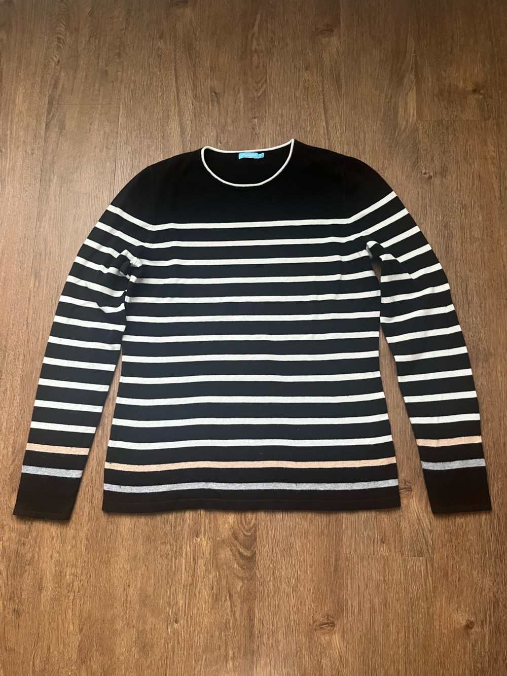 J. McLaughlin Poet Sweater Black Egret White and Tan Striped Crew neck Size M